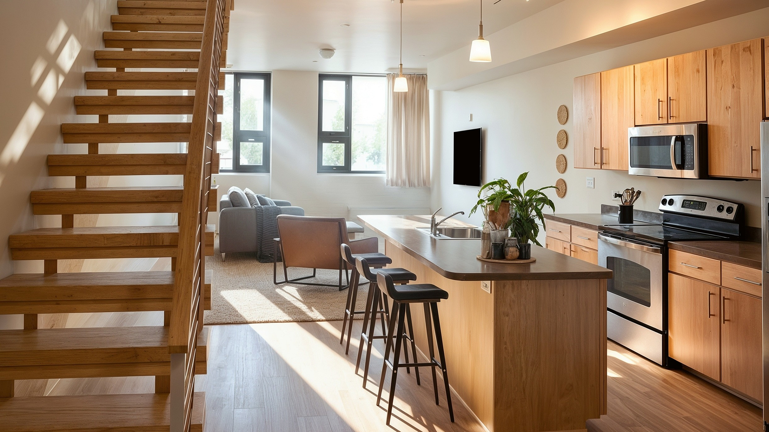 Bright modern apartment showcasing an open-concept kitchen with sleek appliances, inviting living area, and stylish wooden staircase.