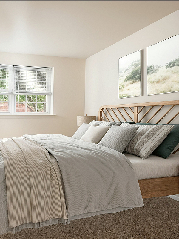 Sunlit bedroom featuring a plush bed, elegant decor, and a tranquil view through large windows.