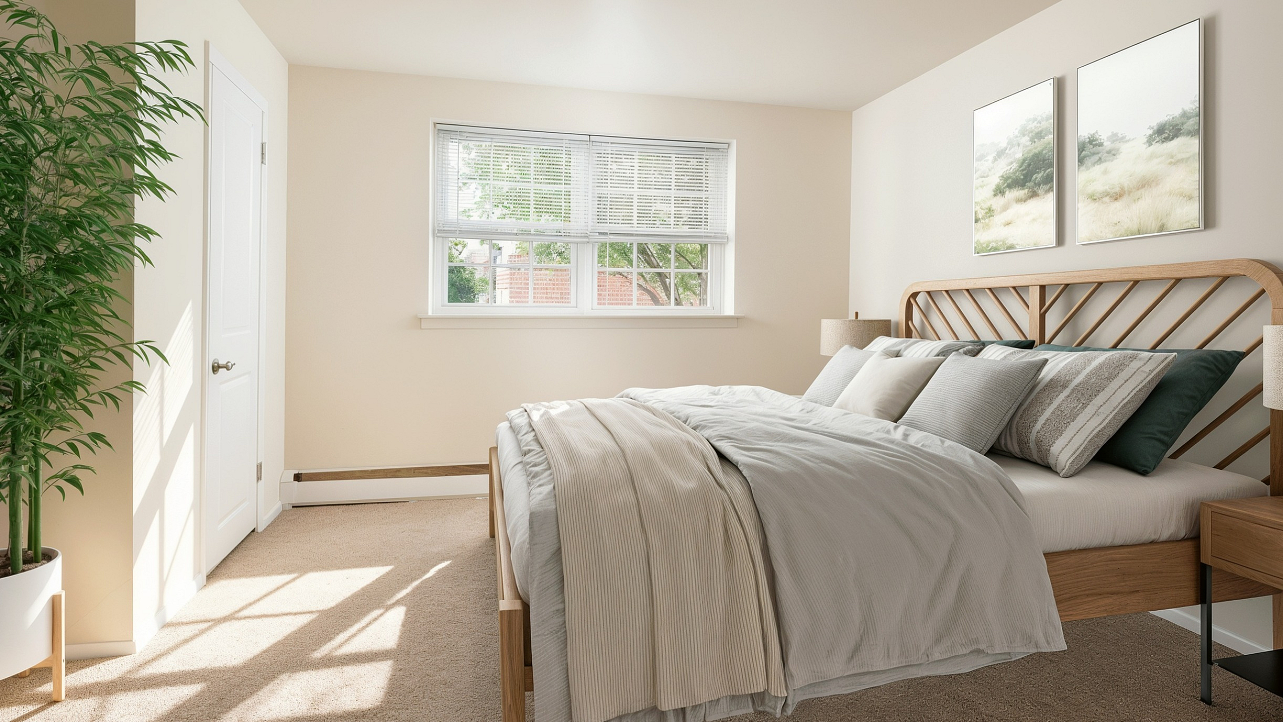 Bright and cozy bedroom featuring a plush queen bed, large window for natural light, and elegant decor.