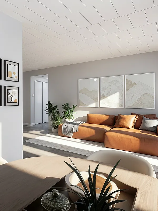 Modern open-concept living space with elegant kitchen, cozy seating area featuring a stylish leather sofa and wall art, complemented by natural light and tasteful decor.