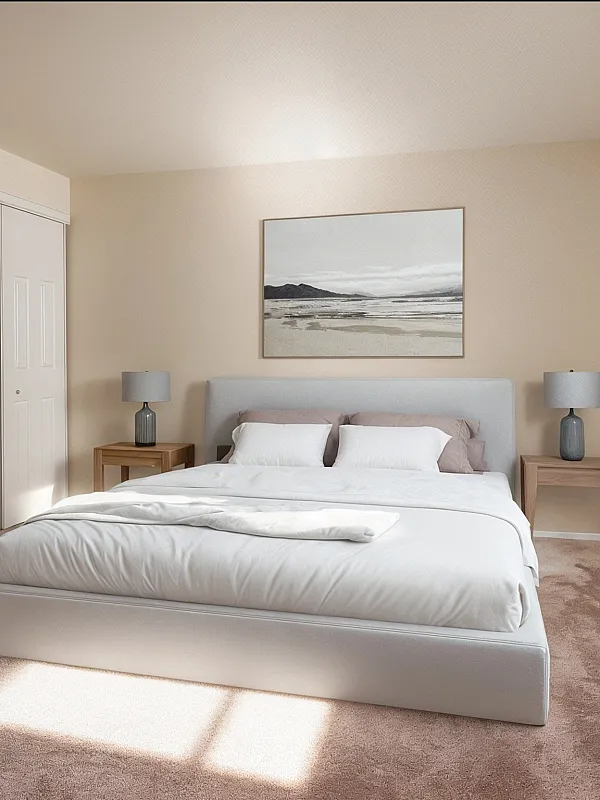 Elegant bedroom with a cozy modern design, featuring a plush bed, stylish nightstands, and soft natural lighting.