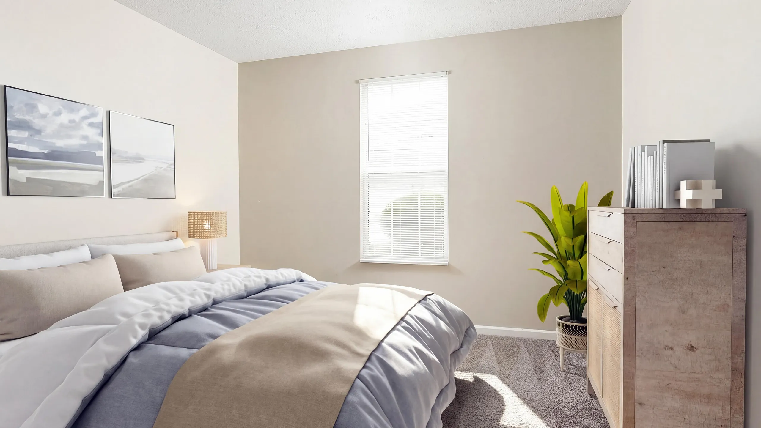 Bright and inviting bedroom with cozy bedding, large window, elegant dresser, and calming artwork.