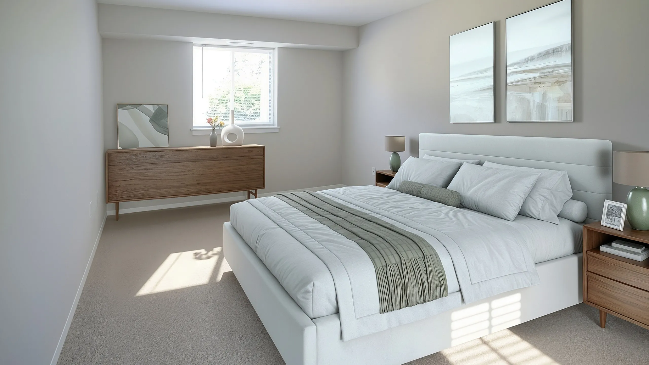 Elegant bedroom with a king-size bed, modern dresser, and soft natural lighting.