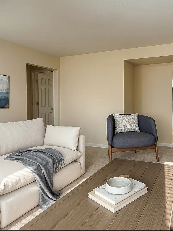 Inviting living room with plush beige sofa, elegant armchair, and sleek wooden coffee table in a sunlit, open space.