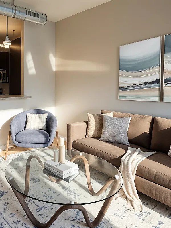 Sunlit modern living room featuring a plush brown sofa, elegant glass coffee table, and sleek open-concept kitchen with stainless steel appliances.