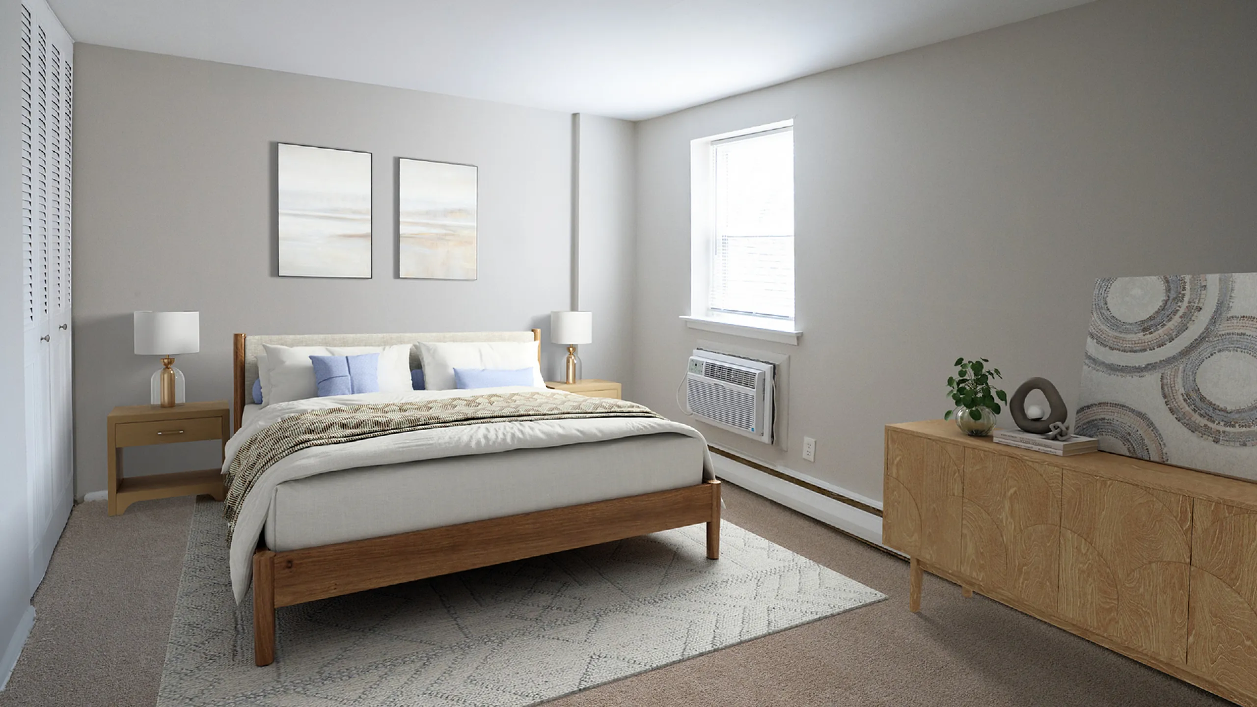 Inviting bedroom with warm neutral tones, stylish wooden furniture, soft carpet, and natural light creating a serene atmosphere.