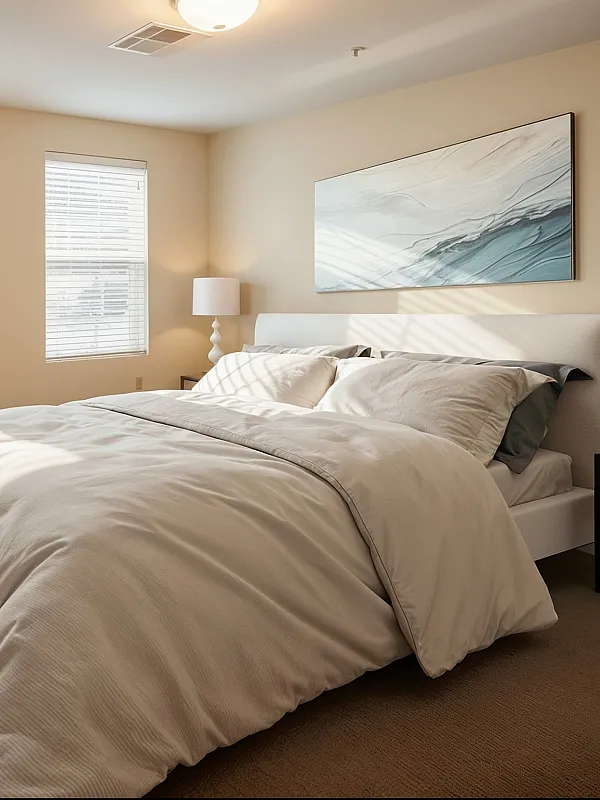 Inviting bedroom with abundant natural light, elegant furnishings, and serene decor, perfect for relaxation.