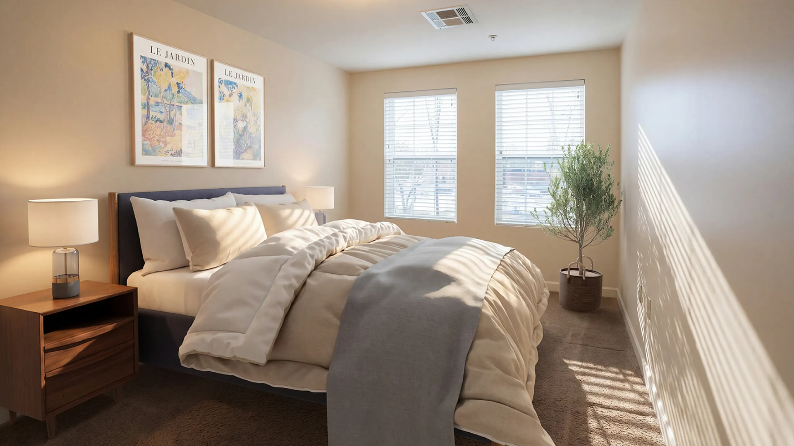 Charming bedroom with cozy bedding, elegant artwork, and abundant natural light through large windows.