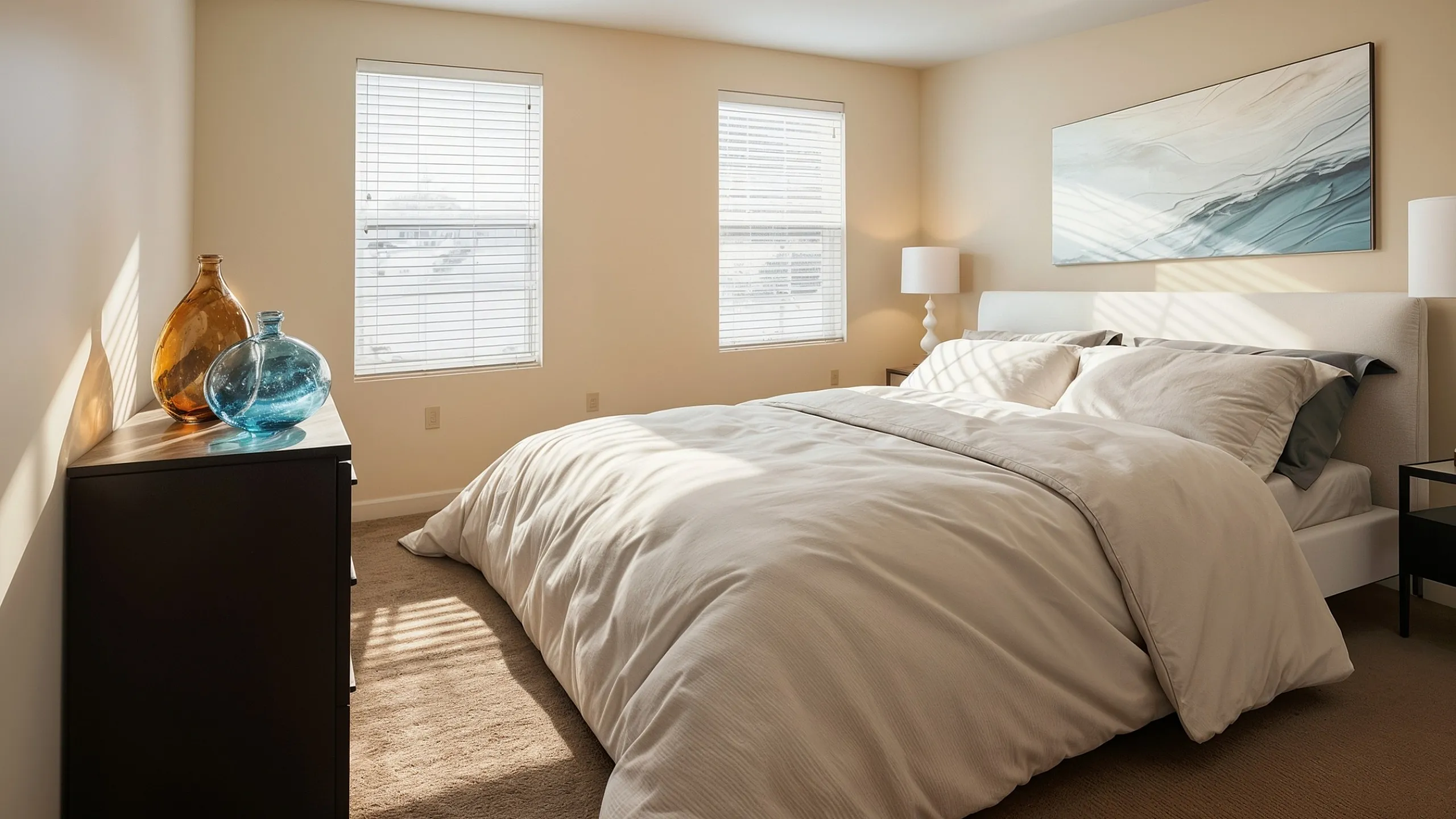 Inviting bedroom with cozy white bed, modern art, and natural light streaming through large windows.
