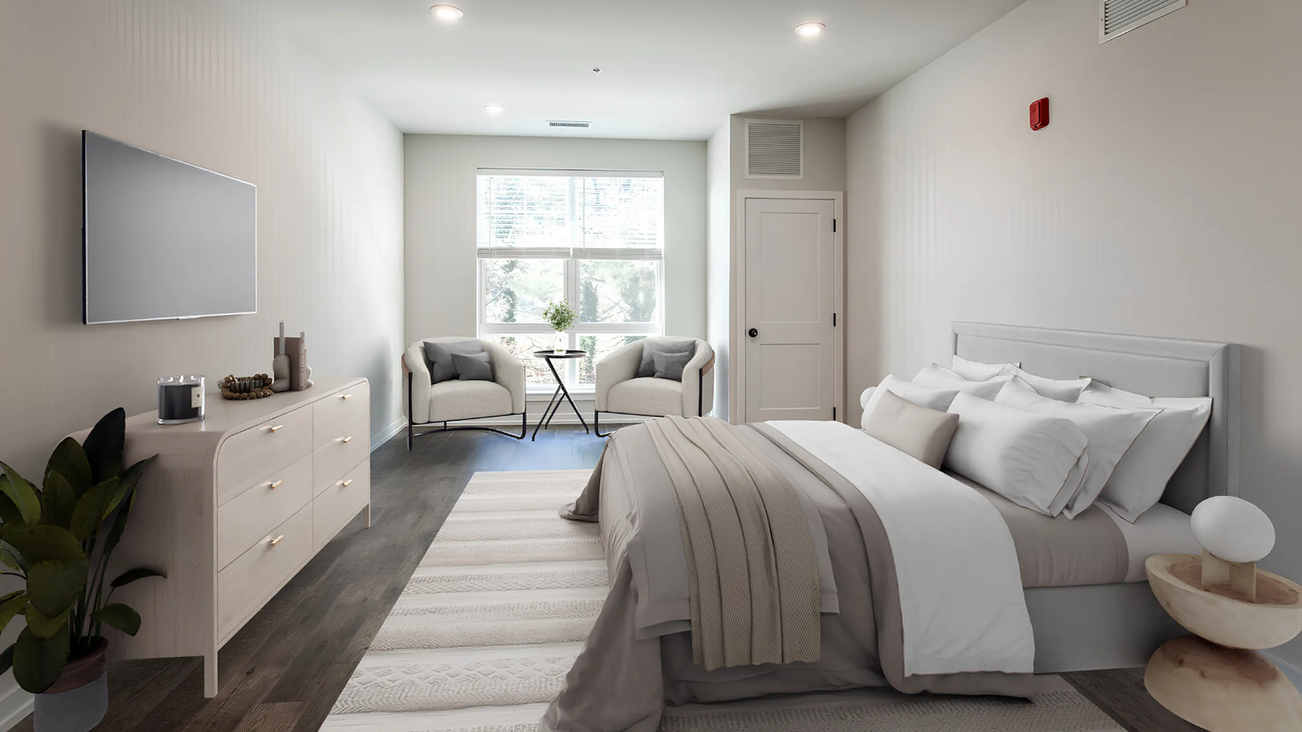 Modern and inviting bedroom with luxurious bedding, sleek decor, and natural light streaming through large windows.