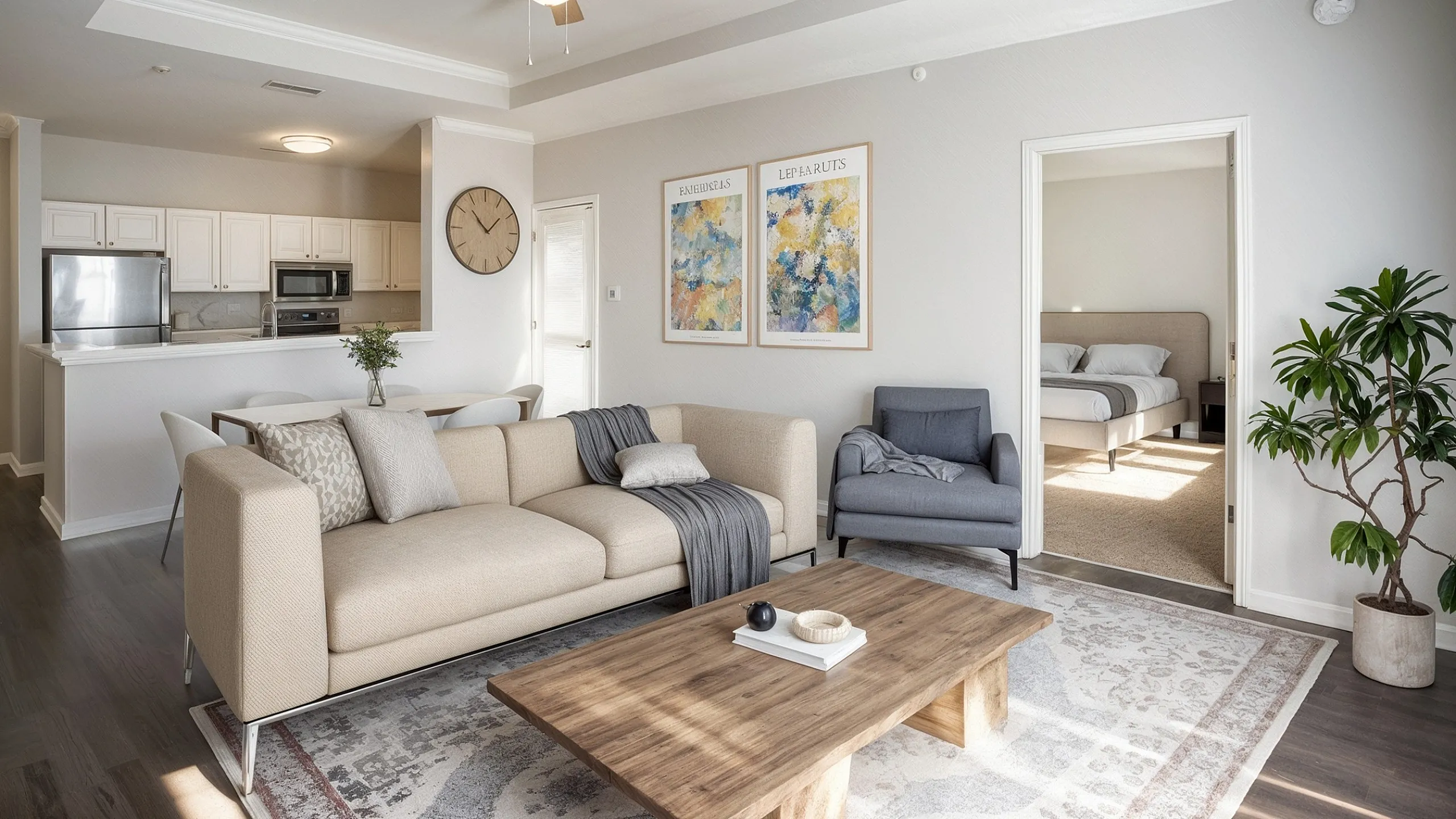 Elegant living room with neutral tones, featuring a plush beige sofa, stylish coffee table, and open kitchen with modern appliances. Sunlit bedroom visible through open door.