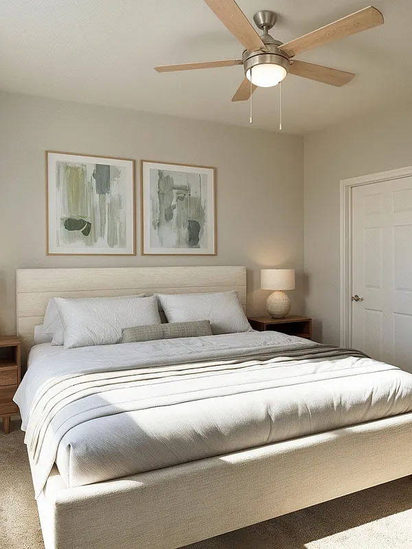 Bright and cozy bedroom with a stylish wooden bed, modern ceiling fan, and elegant decor accents, creating a tranquil retreat.