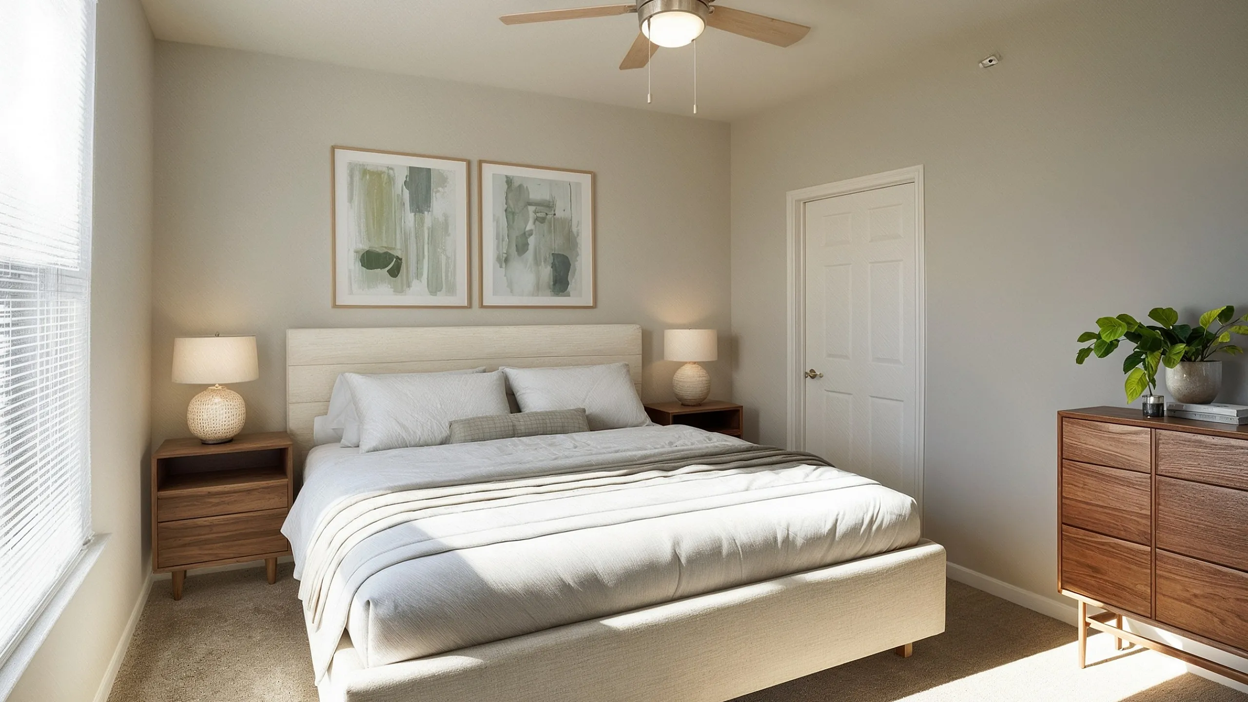 Bright and airy bedroom with a plush king-size bed, modern wooden furniture, and soothing natural light streaming through large windows.
