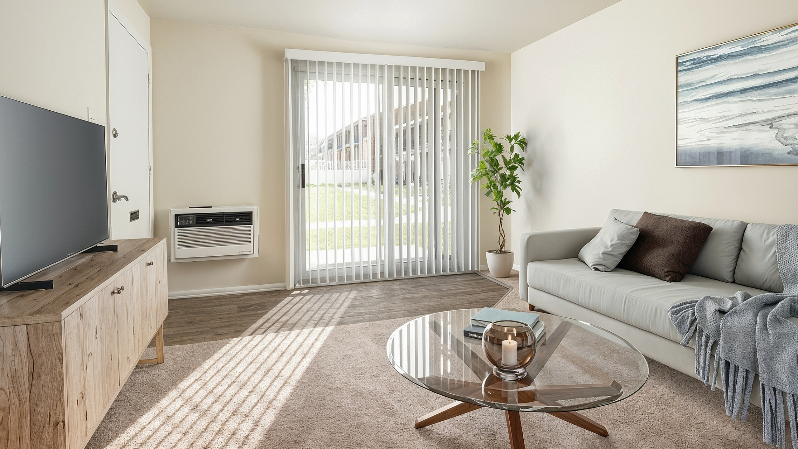 Bright and modern living room with a sleek glass coffee table, cozy gray sofa, and large sliding glass doors leading to a well-kept outdoor space.