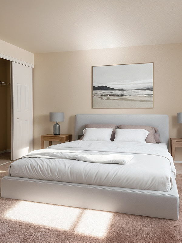 Bright and inviting bedroom with a modern bed, elegant side tables, and soft carpet, bathed in natural light.