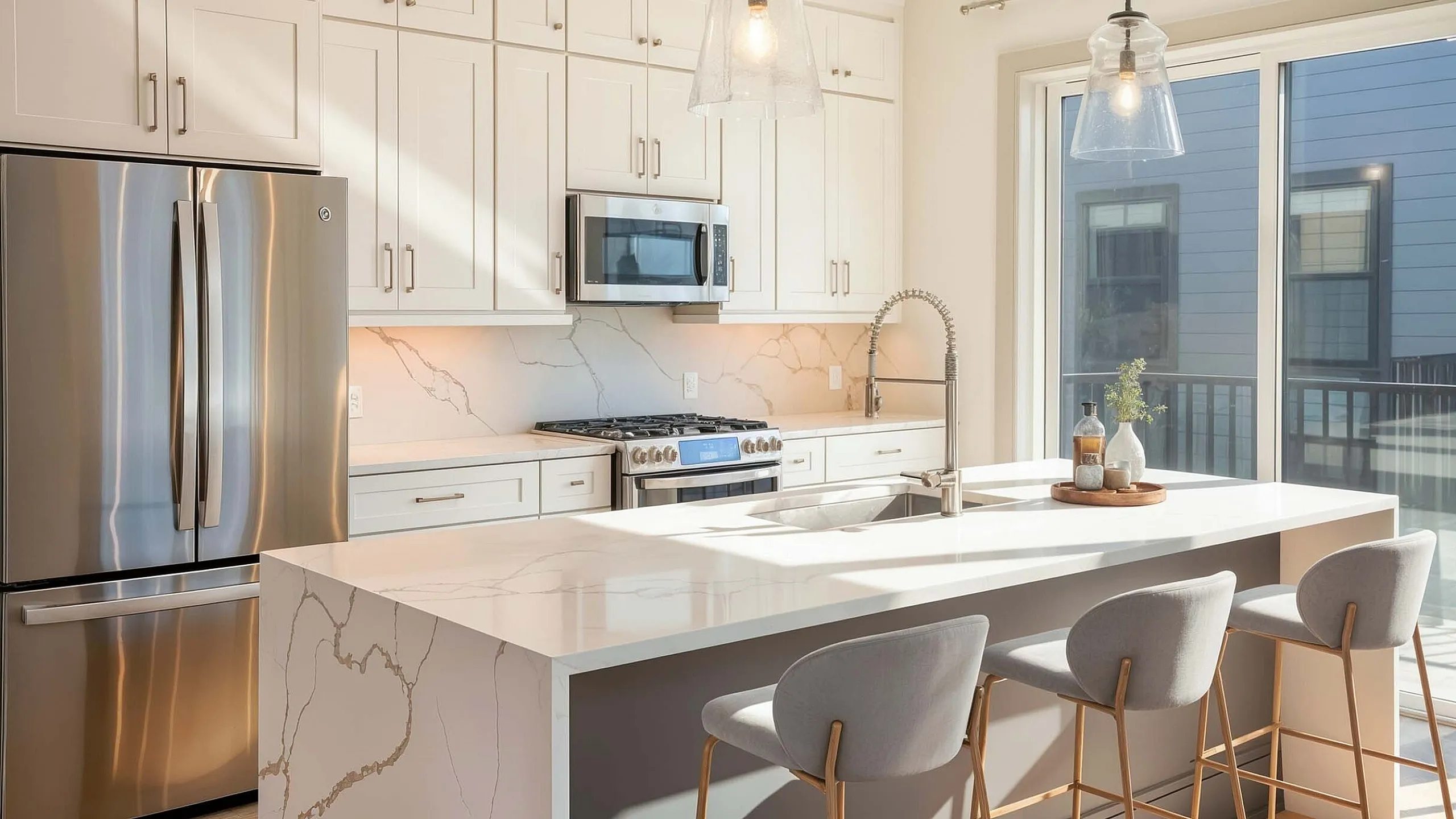Elegant kitchen with sleek stainless steel appliances, quartz countertops, and modern pendant lighting, featuring large windows for ample natural light.