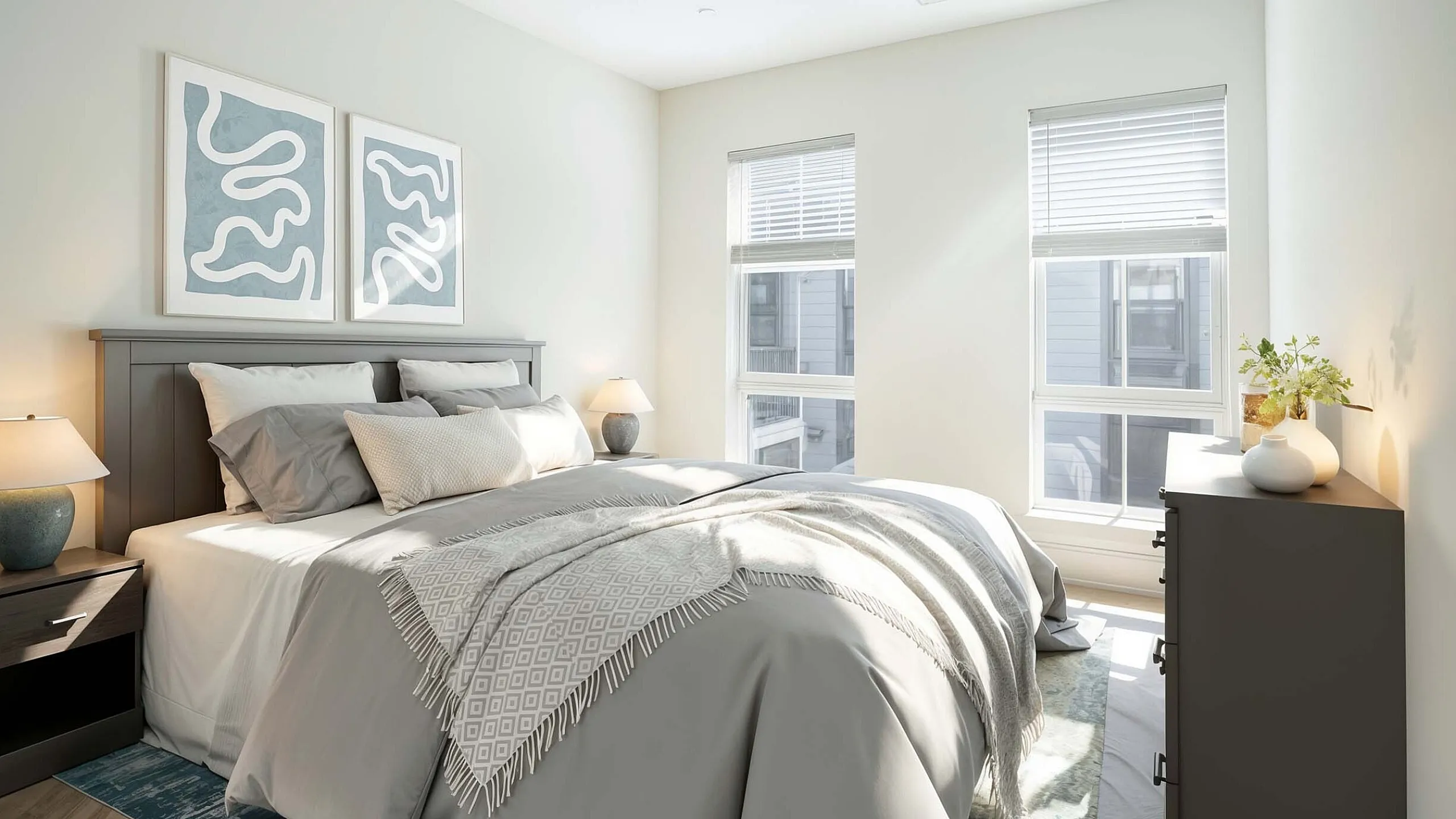 Bright and inviting bedroom with plush bedding, stylish art, and ample natural light from large windows.