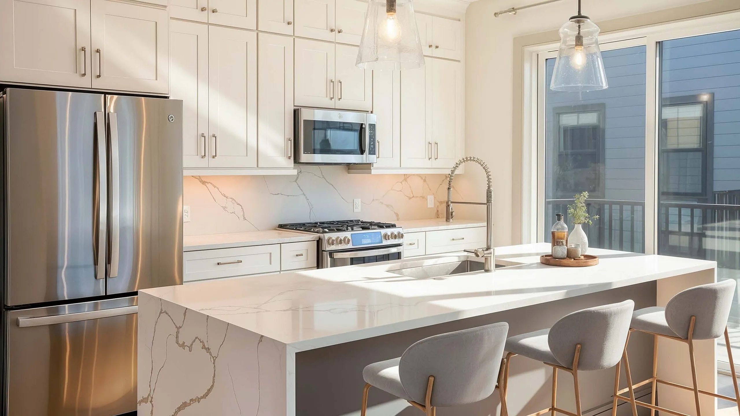 Modern kitchen with sleek stainless steel appliances, luxurious marble countertops, and elegant pendant lighting, ideal for culinary enthusiasts.