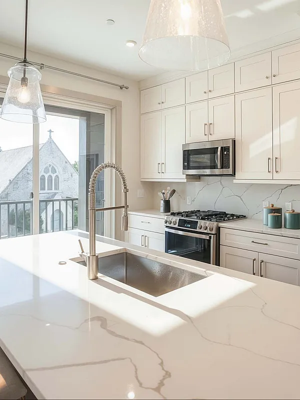 Bright, modern kitchen with sleek white cabinetry, elegant marble countertops, and a large window offering a scenic view.