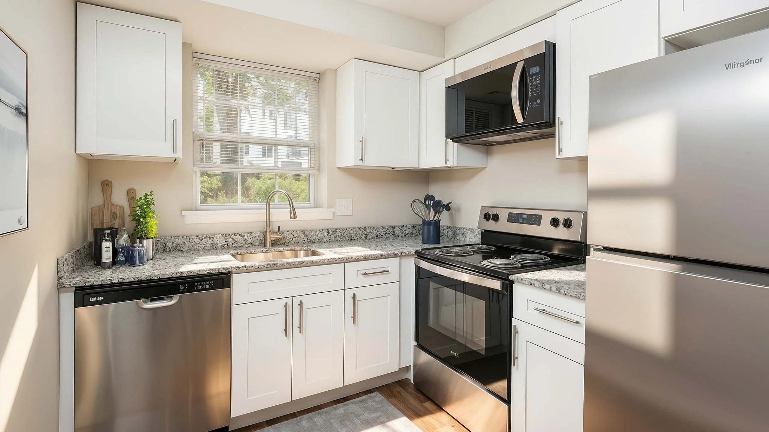 Bright and modern kitchen with sleek stainless steel appliances, white cabinetry, and granite countertops offering a stylish and functional cooking space.