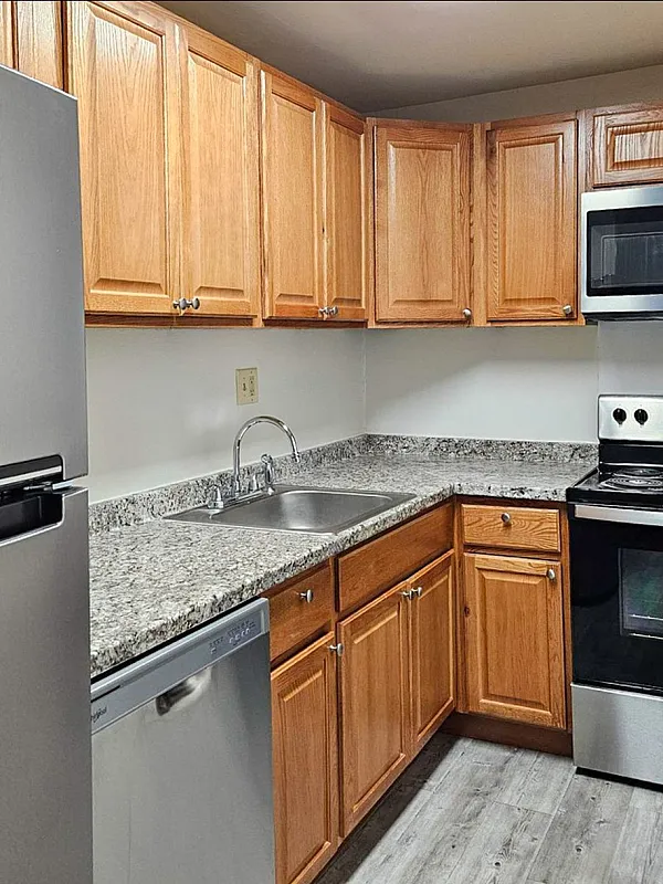Modern kitchen with stainless steel appliances, elegant granite countertops, and ample wooden cabinetry, offering a stylish and functional cooking space.