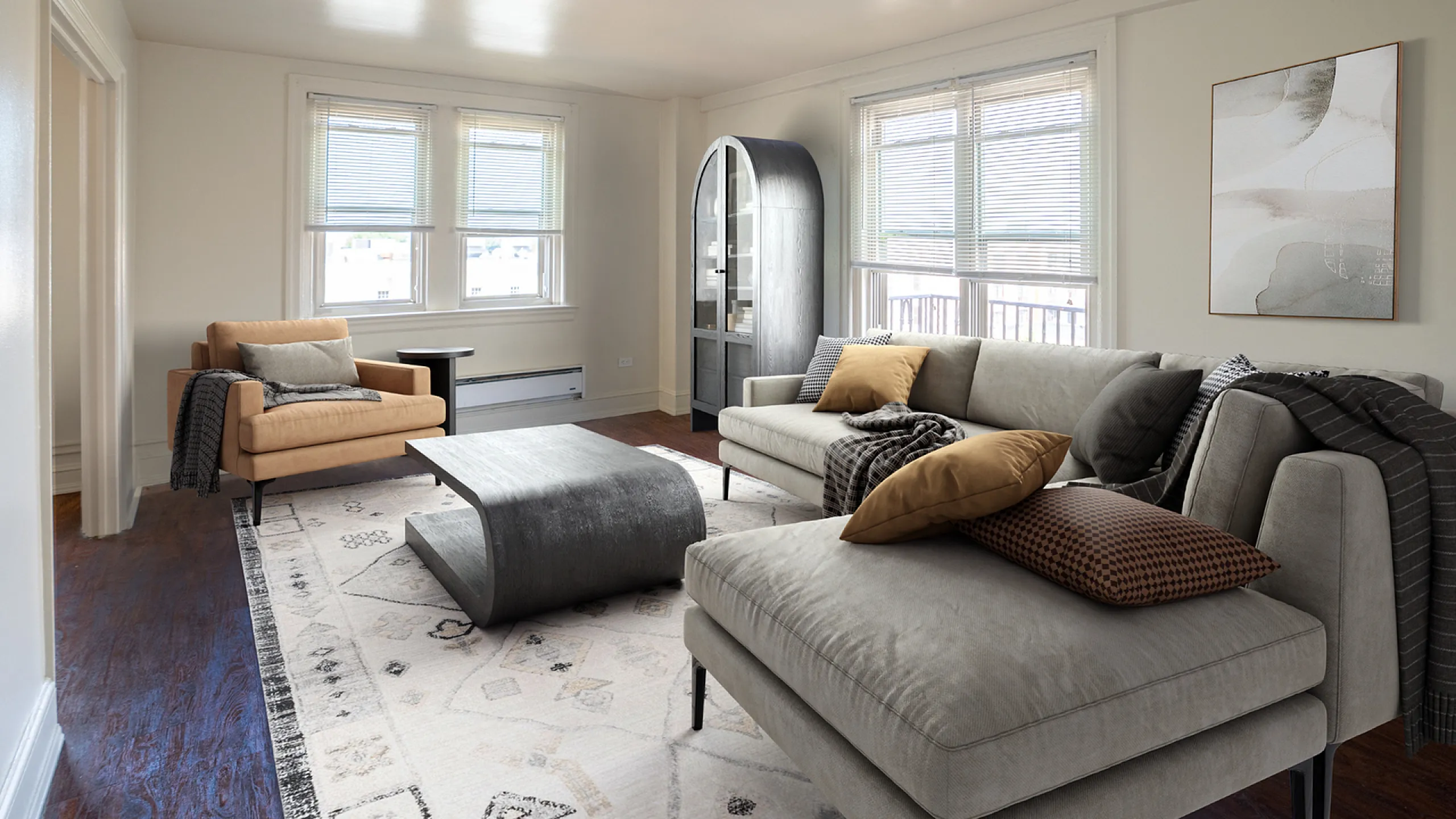 Modern living room with stylish sofa, chic armchair, artistic decor, and abundant natural light streaming through large windows.