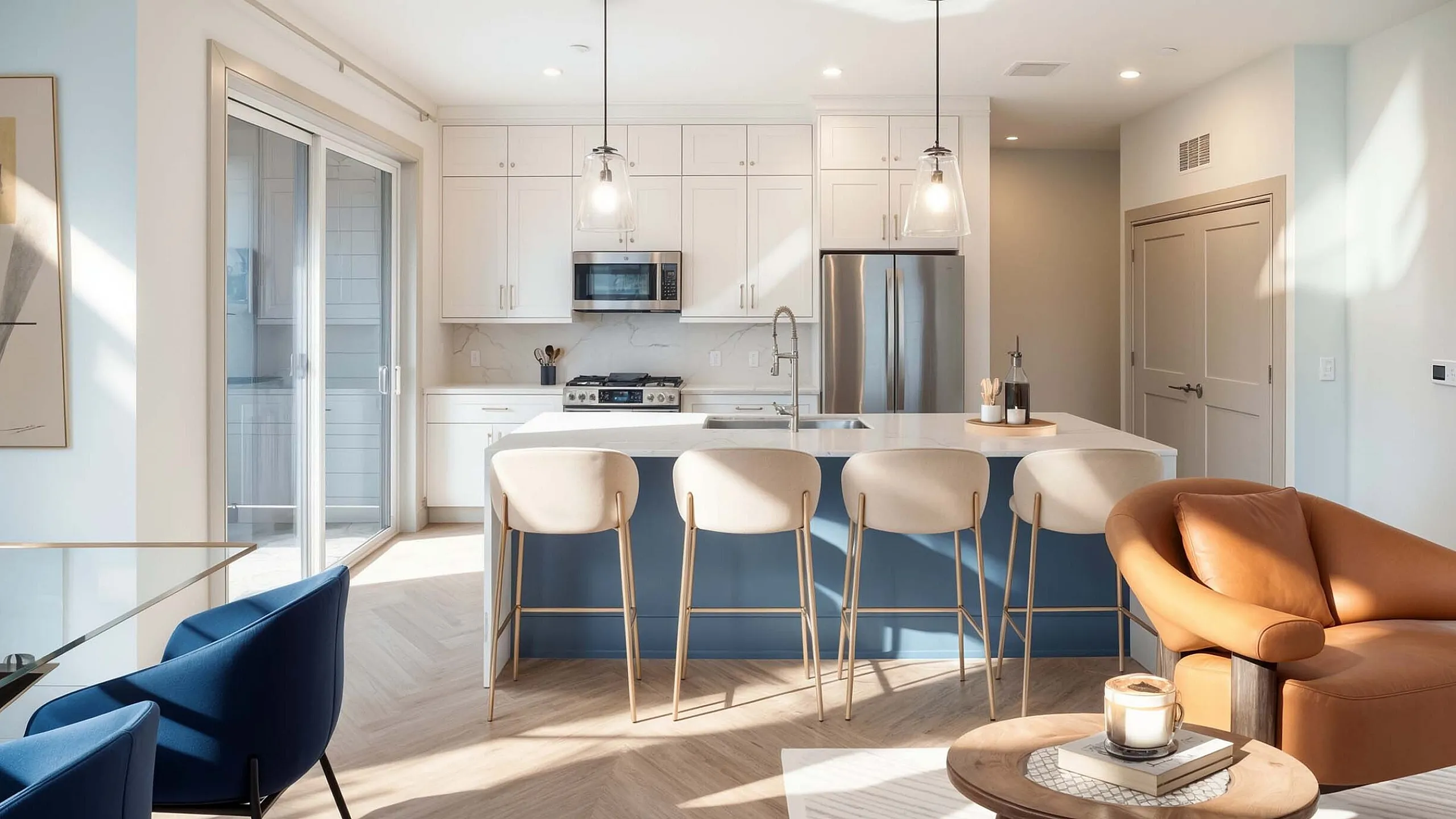 Chic modern kitchen with elegant bar seating, stainless steel appliances, and stylish white cabinetry, bathed in natural light.