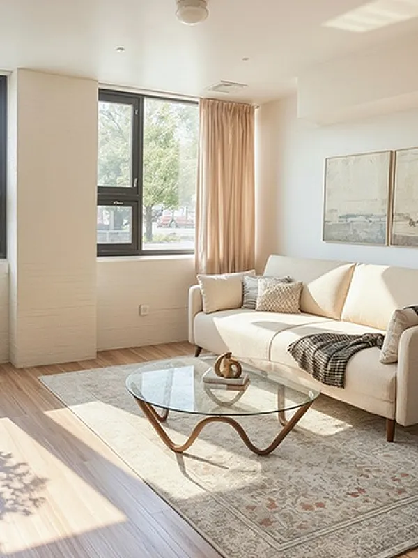 Bright and inviting living room with modern furnishings, large windows, and a stylish glass coffee table.