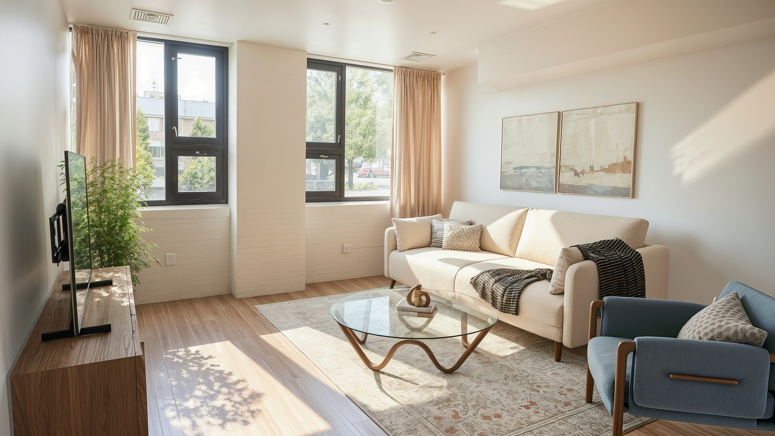 Bright and modern living room with large windows, comfortable cream sofa, stylish blue armchair, and elegant glass coffee table.