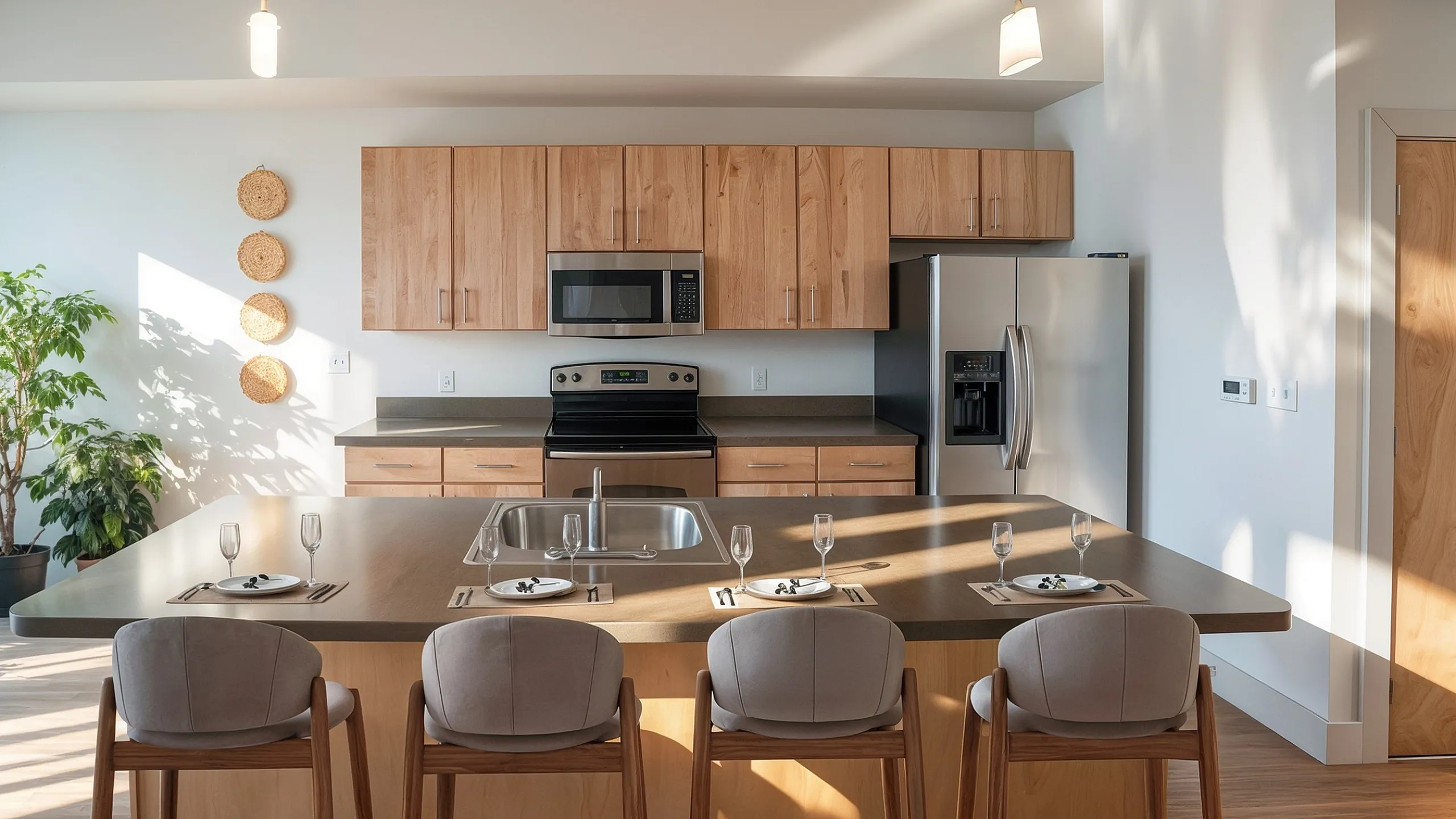 Contemporary kitchen with sleek countertops, modern stainless steel appliances, and stylish bar seating.