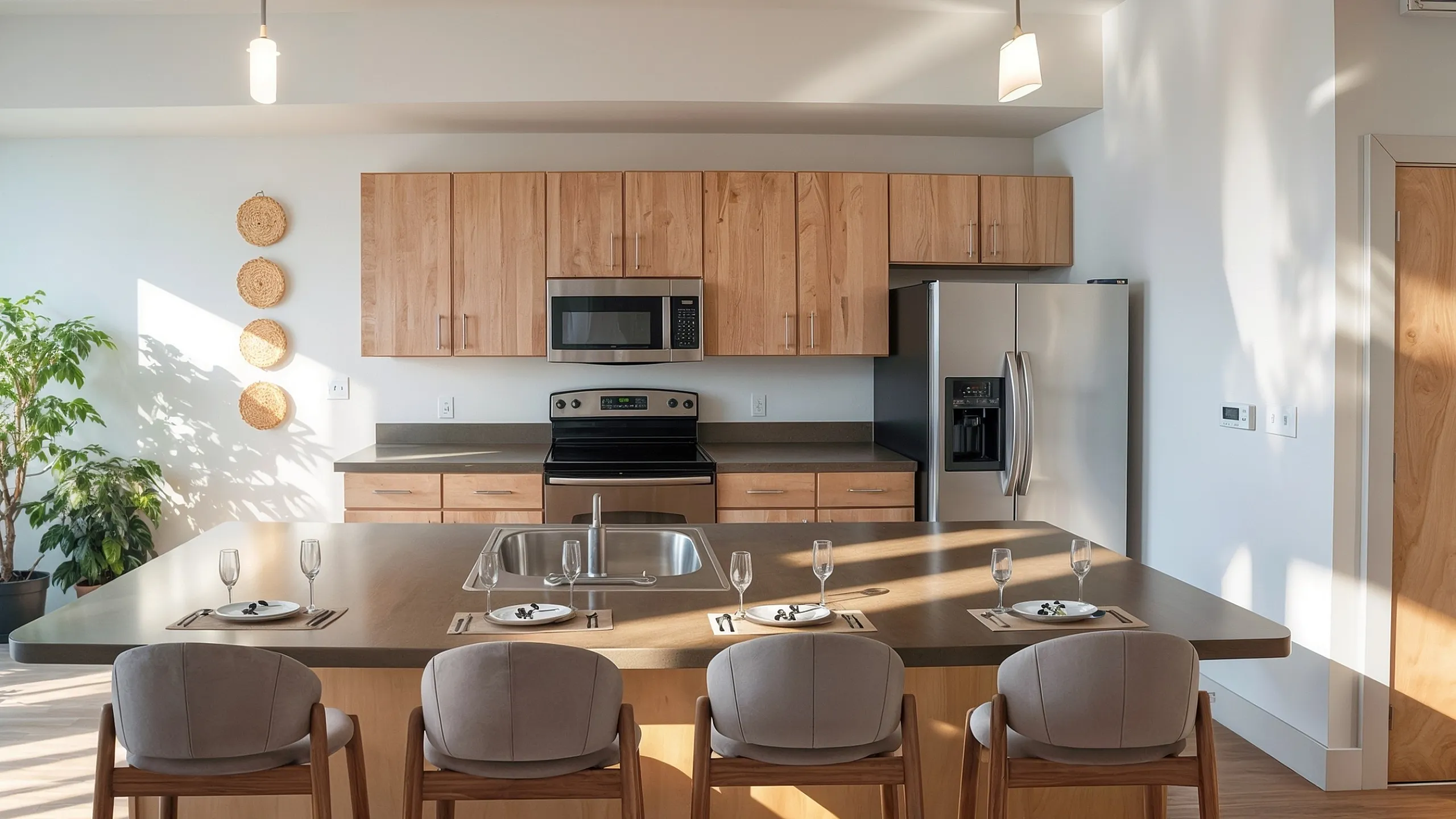 Modern kitchen with sleek stainless steel appliances, elegant wooden cabinetry, and a spacious island with stylish seating for five.