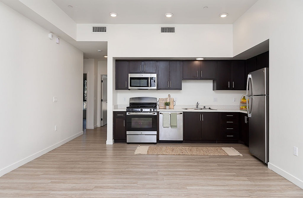 Modern kitchen with sleek dark cabinetry, stainless steel appliances, and a stylish open layout, perfect for contemporary living.