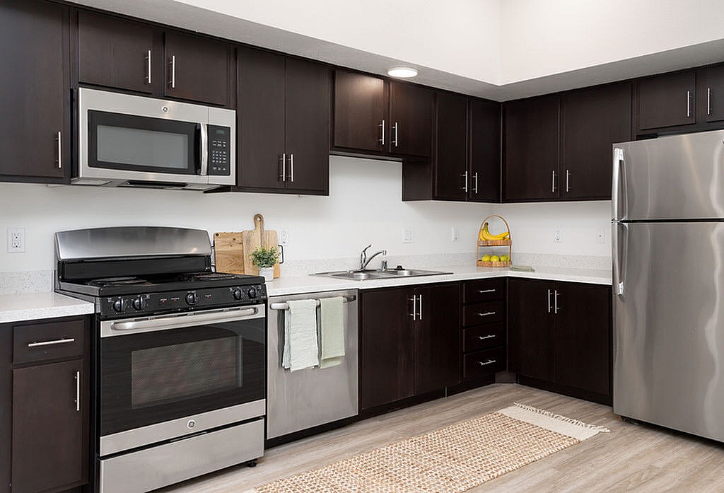 Modern kitchen with sleek dark cabinets, stainless steel appliances, and elegant countertops.