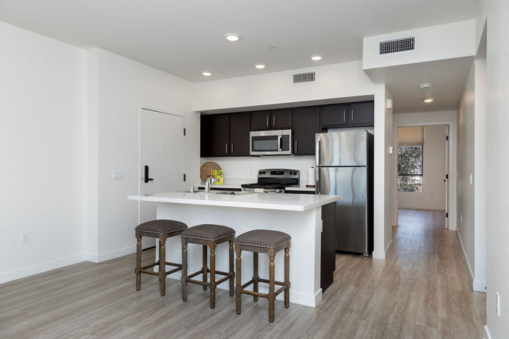 Modern kitchen with sleek stainless steel appliances, elegant dark cabinetry, and a stylish breakfast bar with seating, set against a backdrop of light wood flooring.