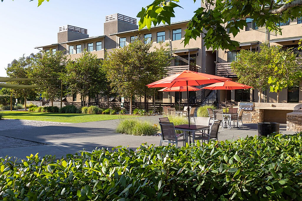 Charming apartment courtyard with vibrant outdoor seating, lush greenery, and modern architecture.