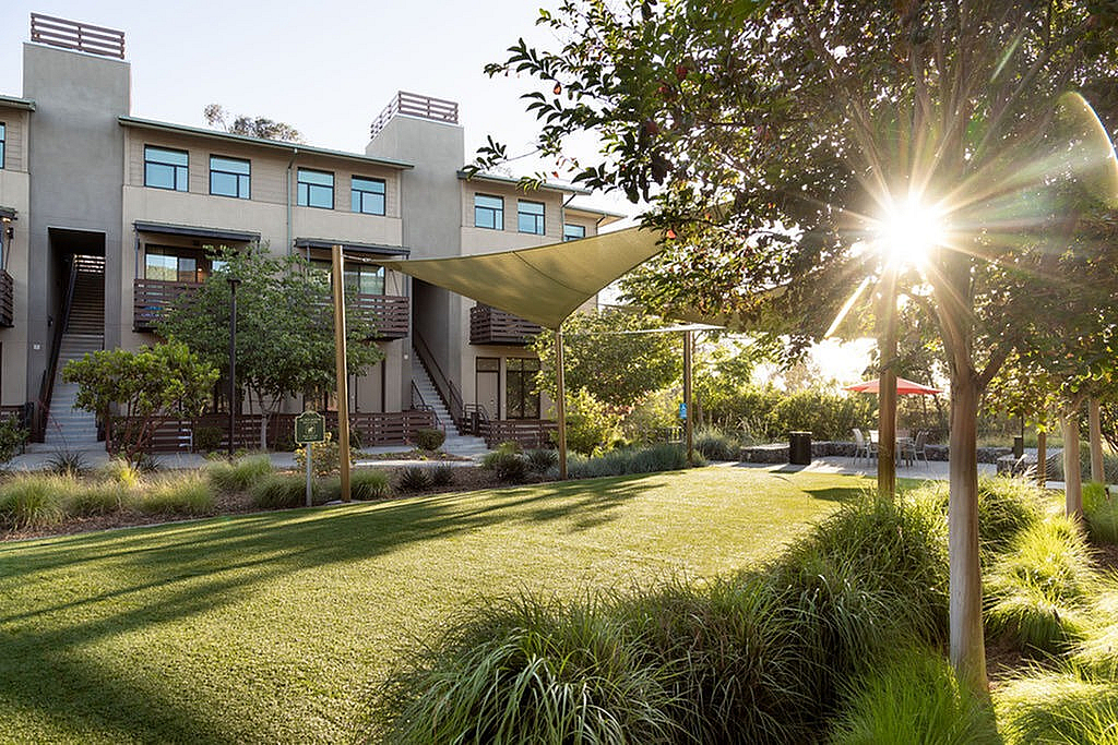 Charming apartment community with sunlit garden oasis, featuring modern architecture and lush greenery, perfect for relaxation.