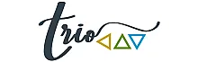 Elegant Trio logo featuring a stylized script with geometric triangle accents in gold, green, and blue.