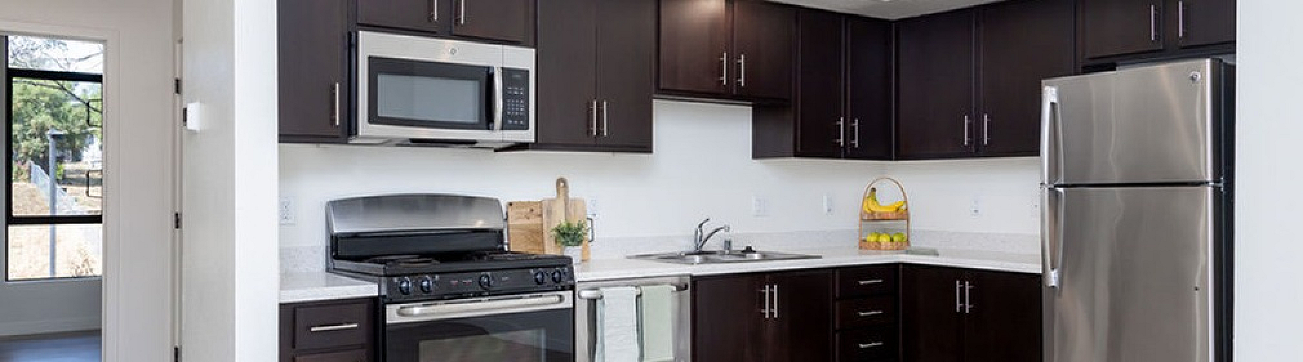 Modern kitchen with sleek dark cabinetry, stainless steel appliances, and elegant countertops with natural light streaming in.