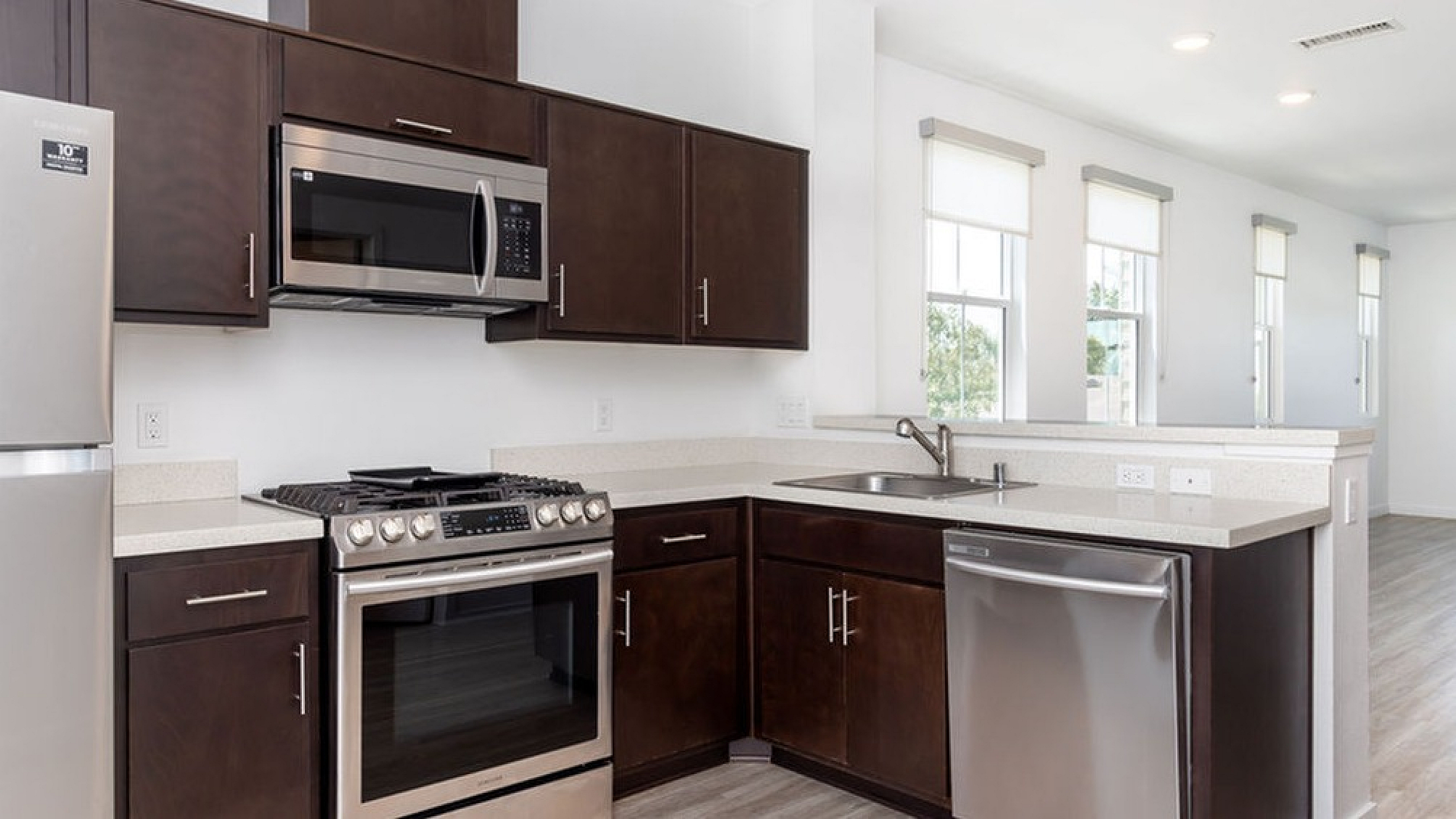 Modern kitchen with sleek dark cabinets, stainless steel appliances, and bright natural light.