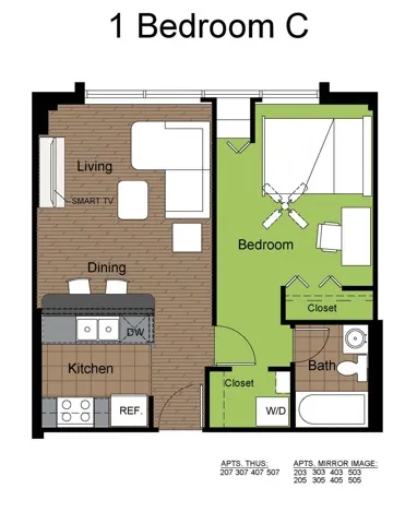 707 Sixth 1 Bed Floorplan C