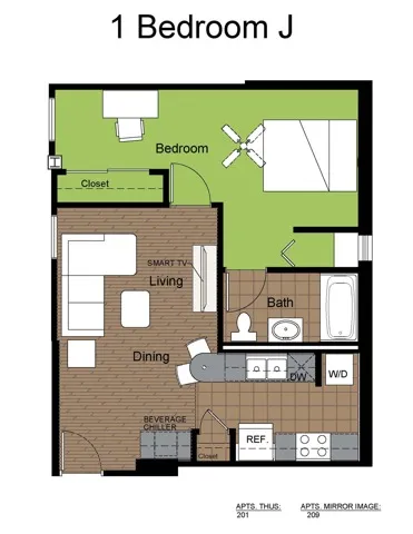 707 Sixth 1 Bed Floorplan J