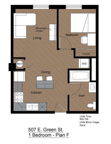 507 Green 1 Bedroom Floorplan F