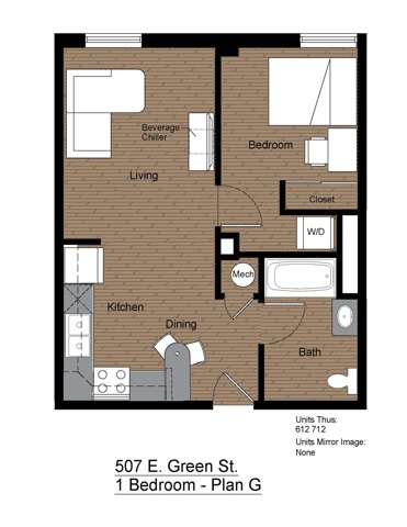 507 Green 1 Bedroom Floorplan G