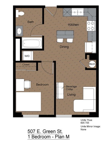 507 Green 1 Bedroom Floorplan M