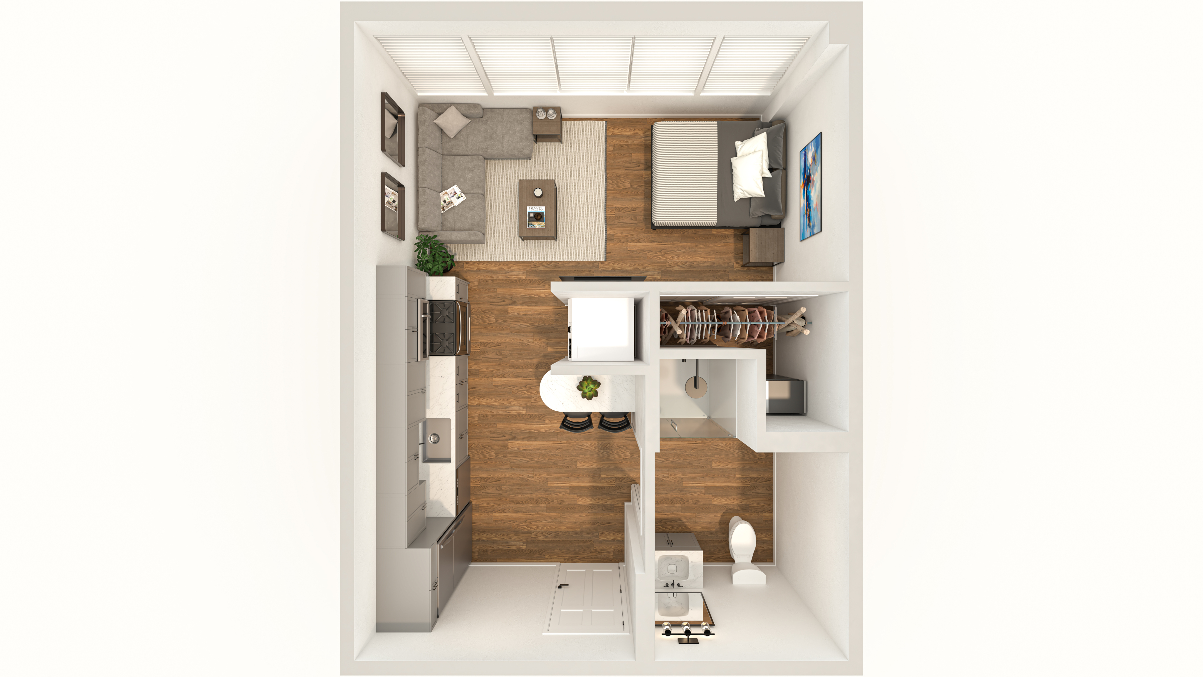 Modern studio apartment 3D floor plan featuring an open-concept layout with a cozy living area, stylish kitchen, and a well-designed bathroom.