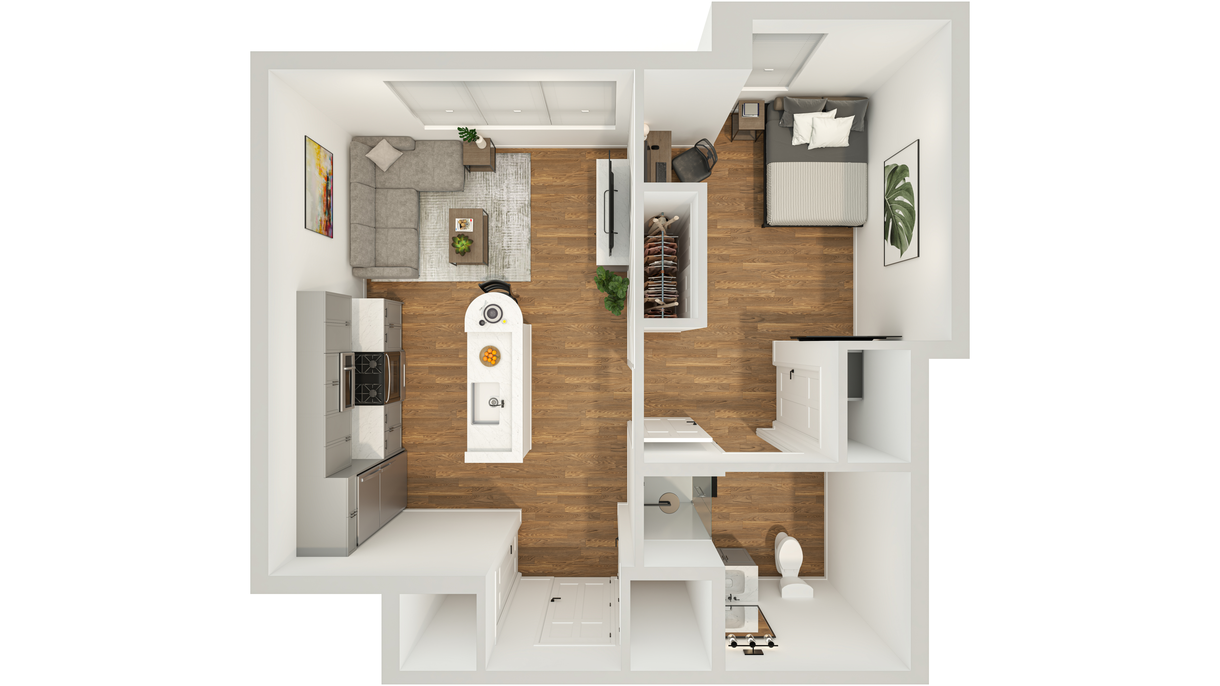 Modern apartment floor plan showcasing one bedroom, an open kitchen-living area, and a chic bathroom with wooden flooring.