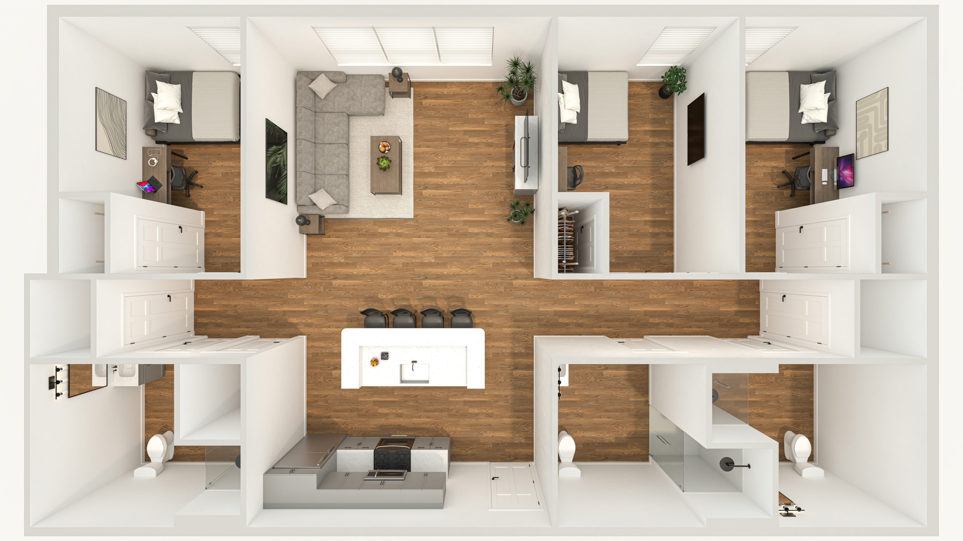 Modern 3-bedroom floor plan featuring an open living area, sleek kitchen with bar seating, and stylish wooden flooring.