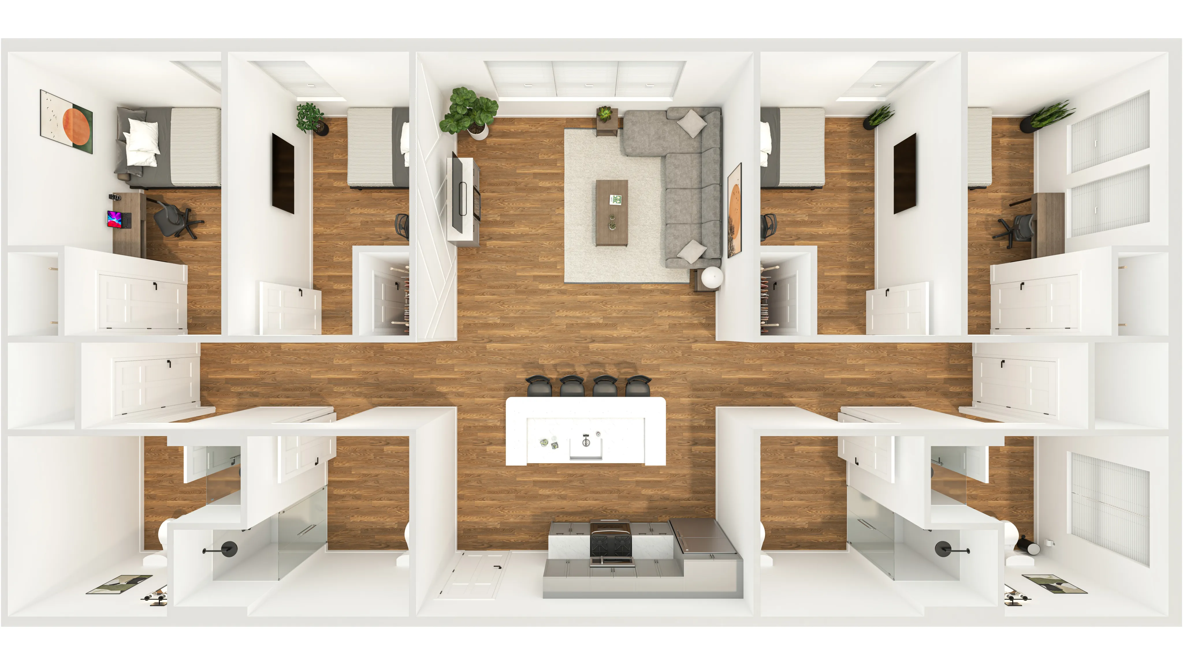 Modern 4-bedroom apartment floor plan with open living area, sleek kitchen with island, and elegant wooden flooring.