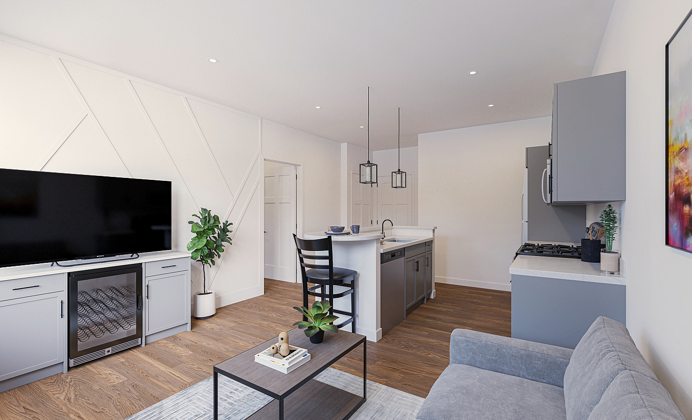 Modern open-concept living space featuring a sleek kitchen island, cozy seating area, and stylish decor.