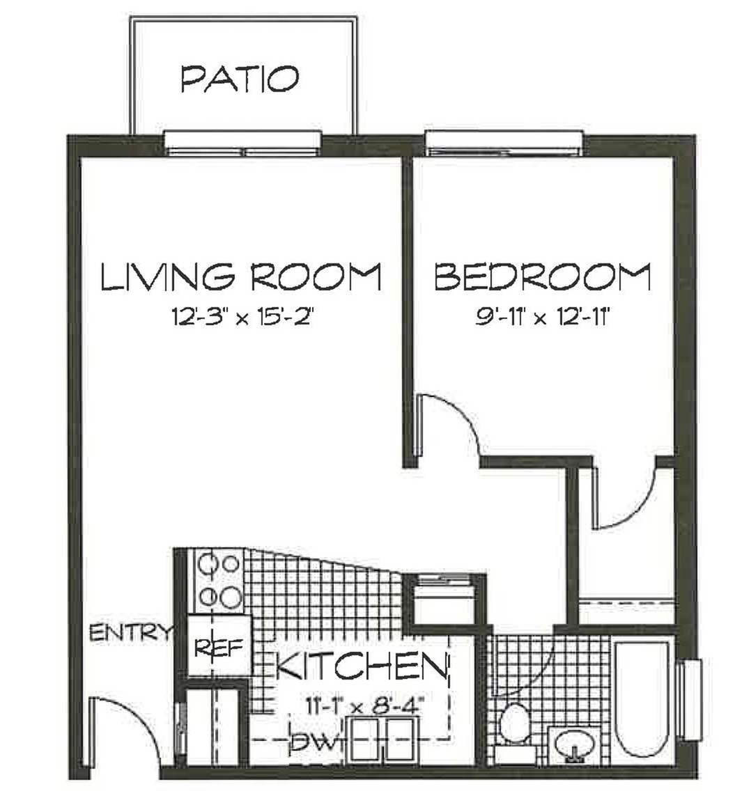 1 Bedroom, 1 Bath (535 sqft.)